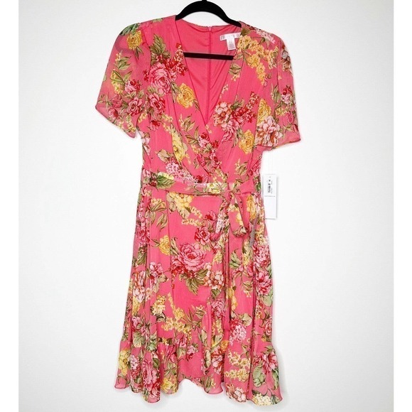 NWT London Times Floral Faux Wrap Mini Dress Short Sleeve Women's Pink Size 10 - Picture 2 of 6